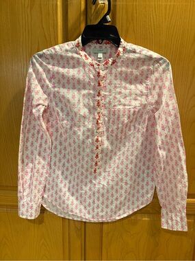 J. Crew Thistle Print Popover Top Half Button Pink White Red 100% Cotton Size 00